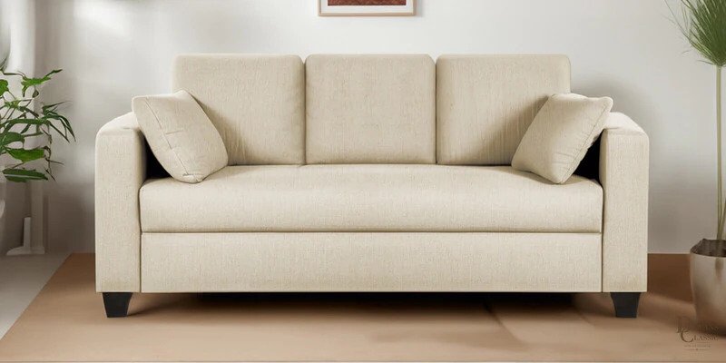 Safa Fabric 3 Seater Sofa In Creamy Cashmere Colour — Diwans Classic