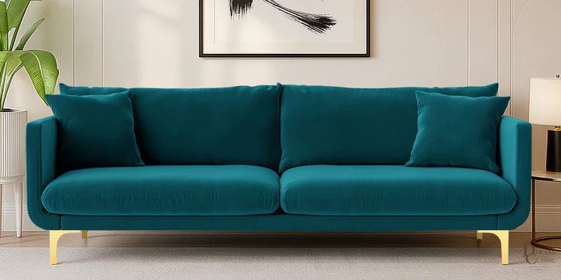 Bahr Velvet 3 Seater Sofa In Teal Blue Colour — Diwans Classic