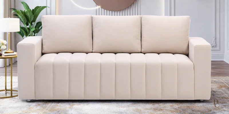 Yasmin Velvet Fabric 3 Seater Sofa in Cream Colour — Diwans Classic