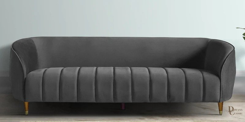 Ramad Velvet 3 Seater Sofa In Iron Grey Colour — Diwans Classic