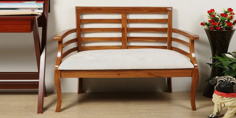 Toledo Solid Wood 2 Seater Sofa in Teak Finish — Diwans Classic