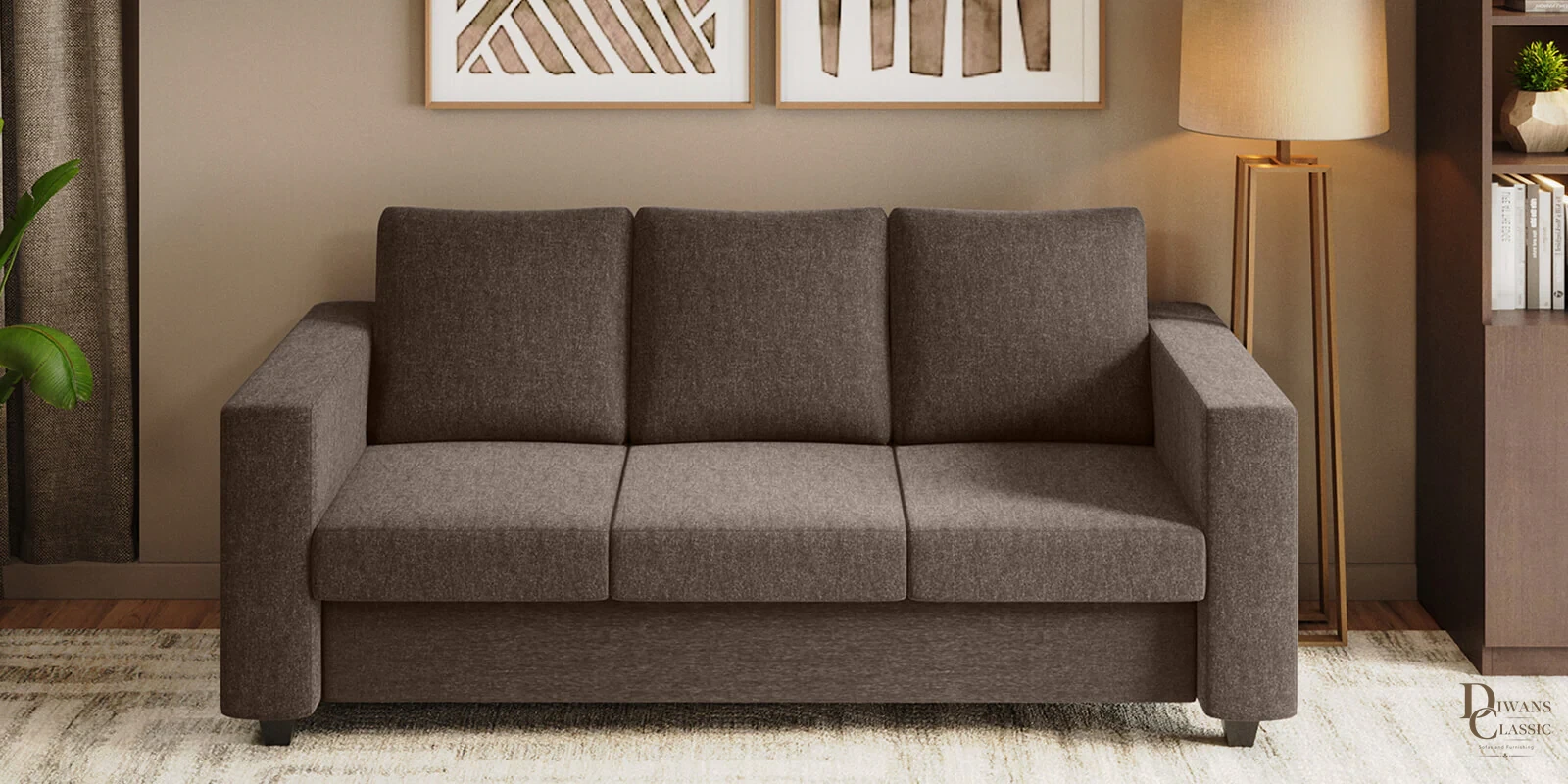 Sultan Fabric 3 Seater Sofa in Brown Colour — Diwans Classic