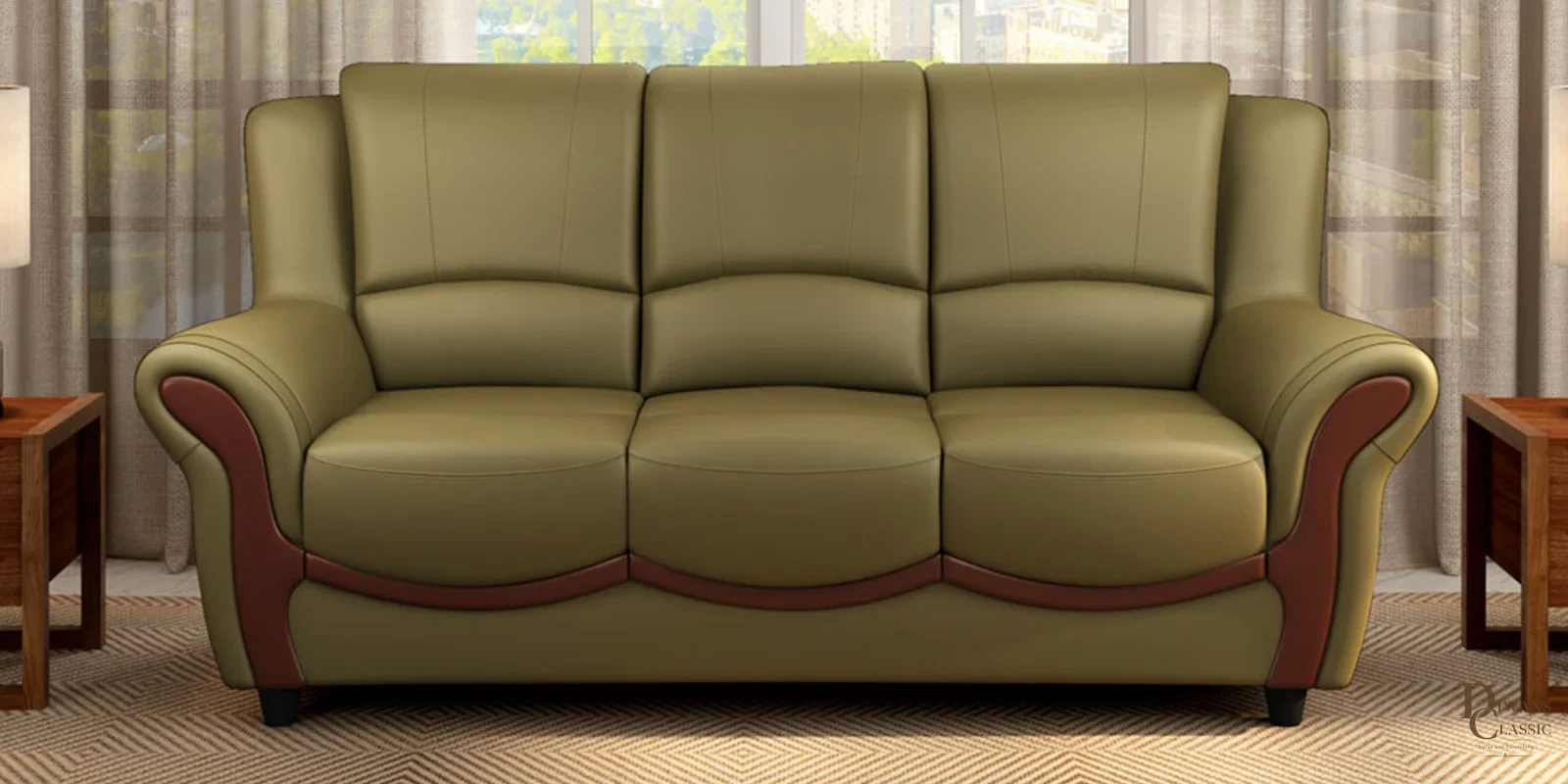 Jarrah Leatherette 3 Seater Sofa In Green Color — Diwans Classic