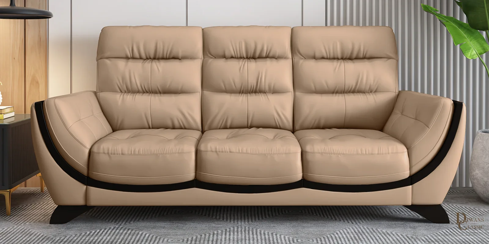 Malak Leatherette 3 Seater Sofas In Beige Color — Diwans Classic