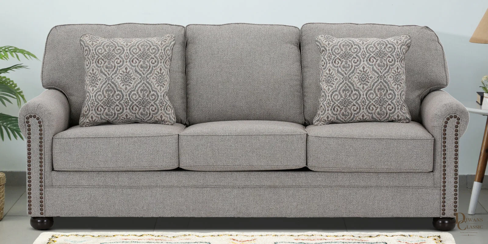 Farhan Fabric 3 Seater Sofa in Grey Color — Diwans Classic