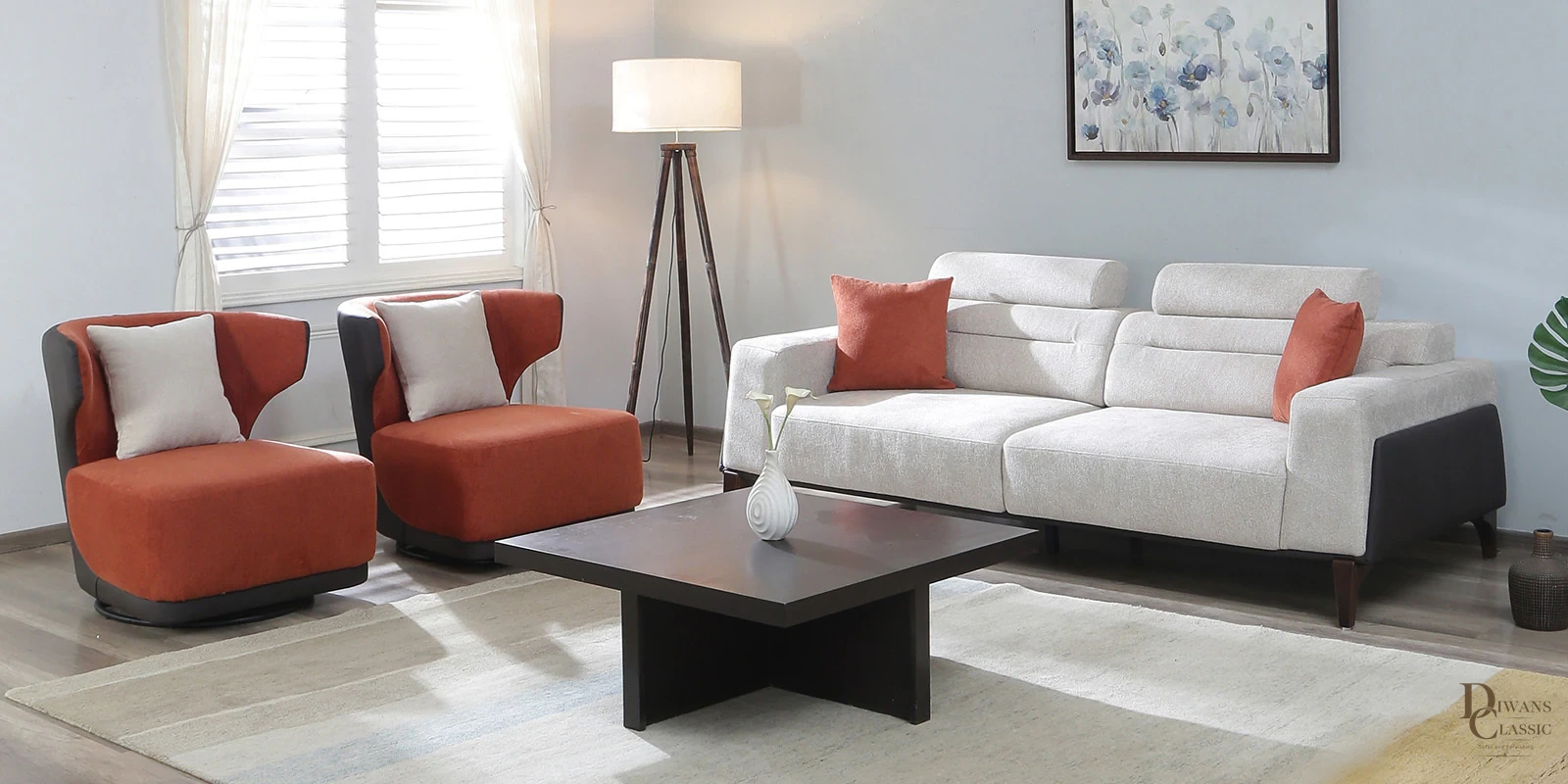 Bodrum Velvet Sofa Sets In Off White & Rust Colour (3+1+1) — Diwans Classic