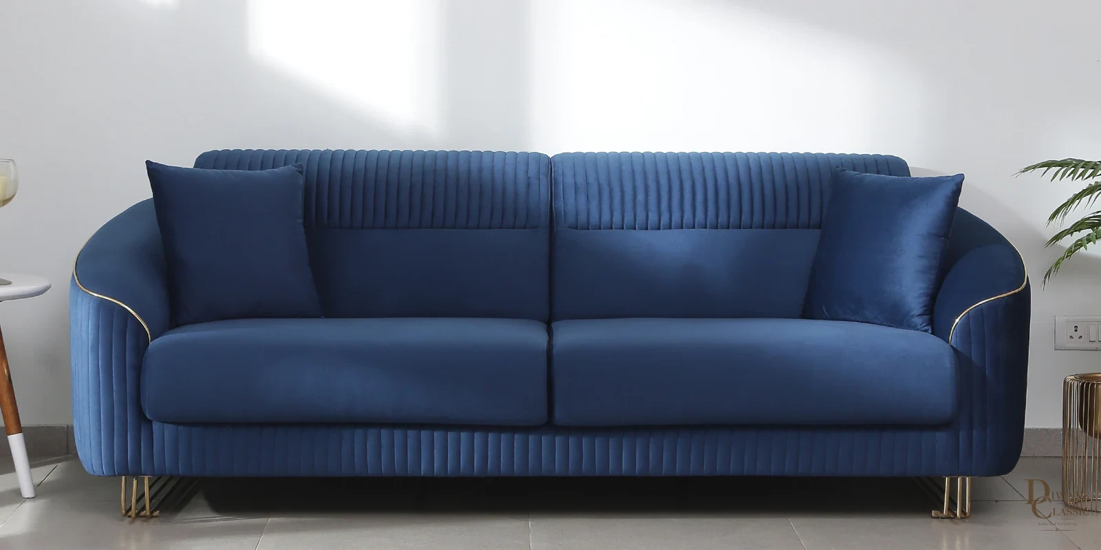 Yaqoot Velvet 3 Seater Sofa In Blue Colour — Diwans Classic