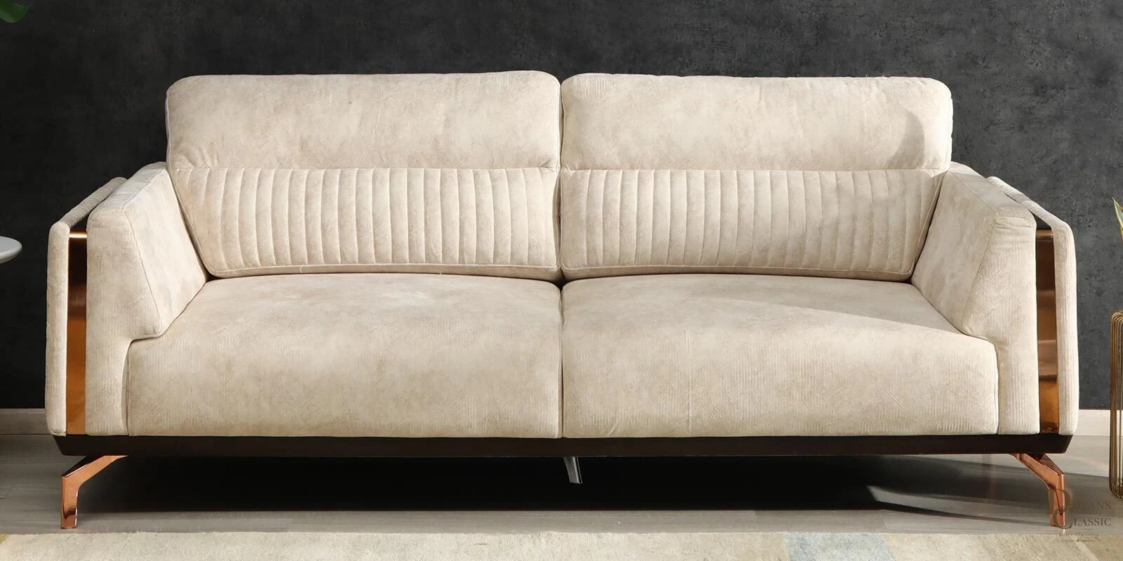 Rimal Fabric 3 Seater Sofa in Beige Colour — Diwans Classic