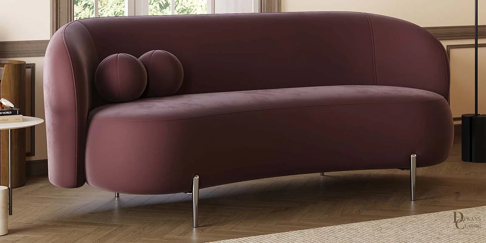 Mazaya Velvet 3 Seater Sofa In Wine Red Color — Diwans Classic