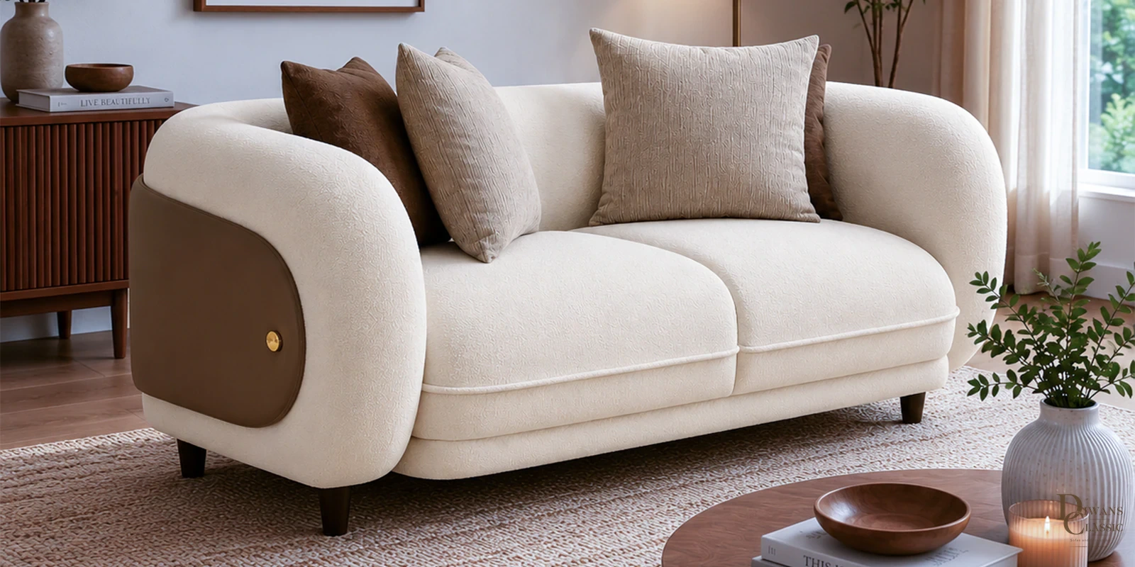 Sahl Fabric 2 Seater Sofa with Leatherette Cladding in Beige Colour — Diwans Classic