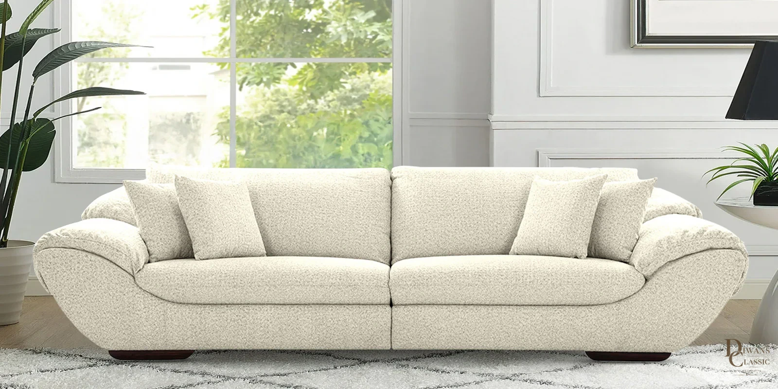 Durr Boucle Fabric 4 Seater Sofa in Ivory Colour — Diwans Classic