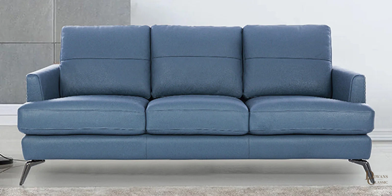 Zain Half Leather 3 Seater Sofa In Delph Blue Colour — Diwans Classic