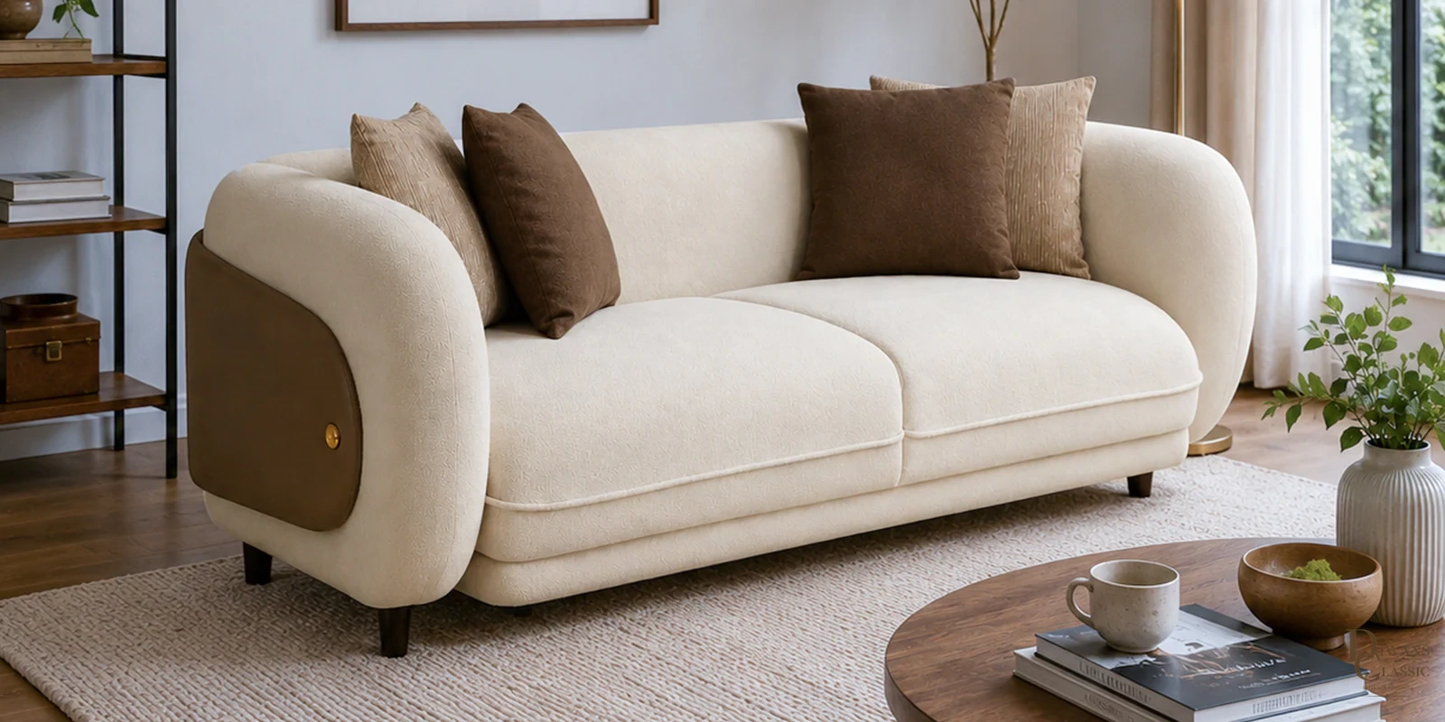 Sahl Fabric 3 Seater Sofa with Leatherette Cladding in Beige Colour — Diwans Classic