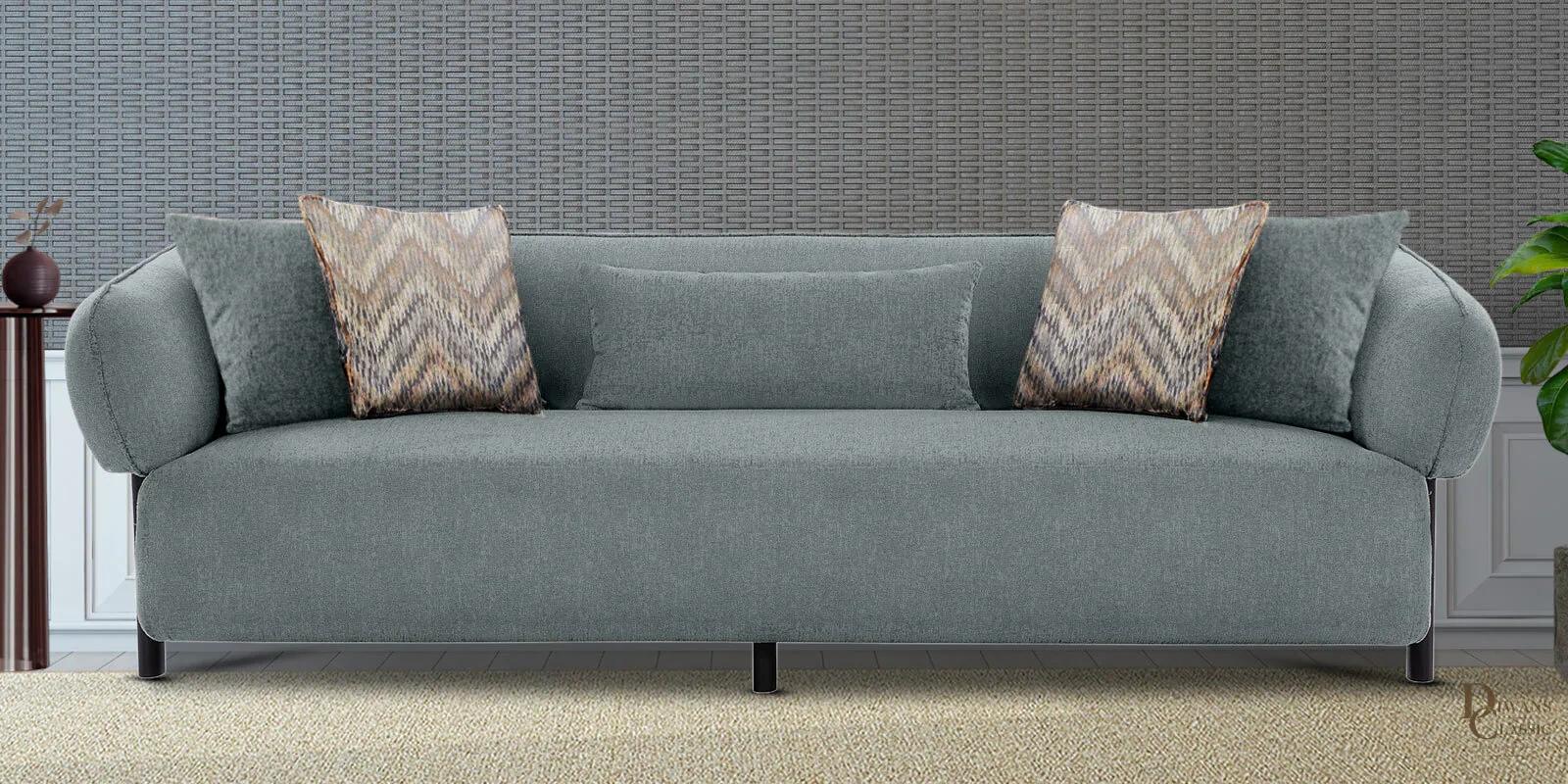 Sada Boucle Fabric 3 Seater Sofa in Licorice Grey Colour — Diwans Classic