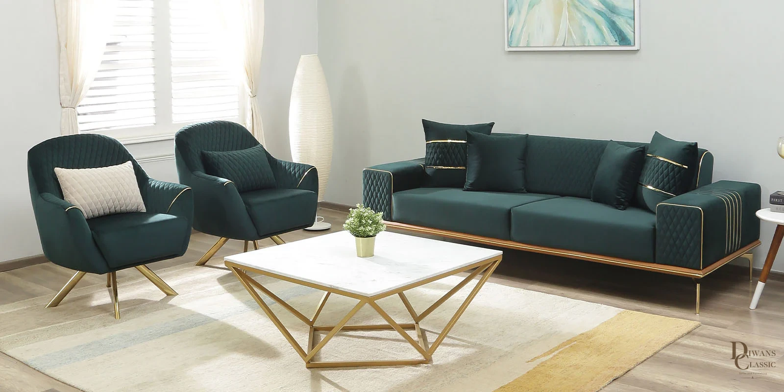 Tülin Velvet Sofa Sets In Sea Green Colour (3+1+1) — Diwans Classic