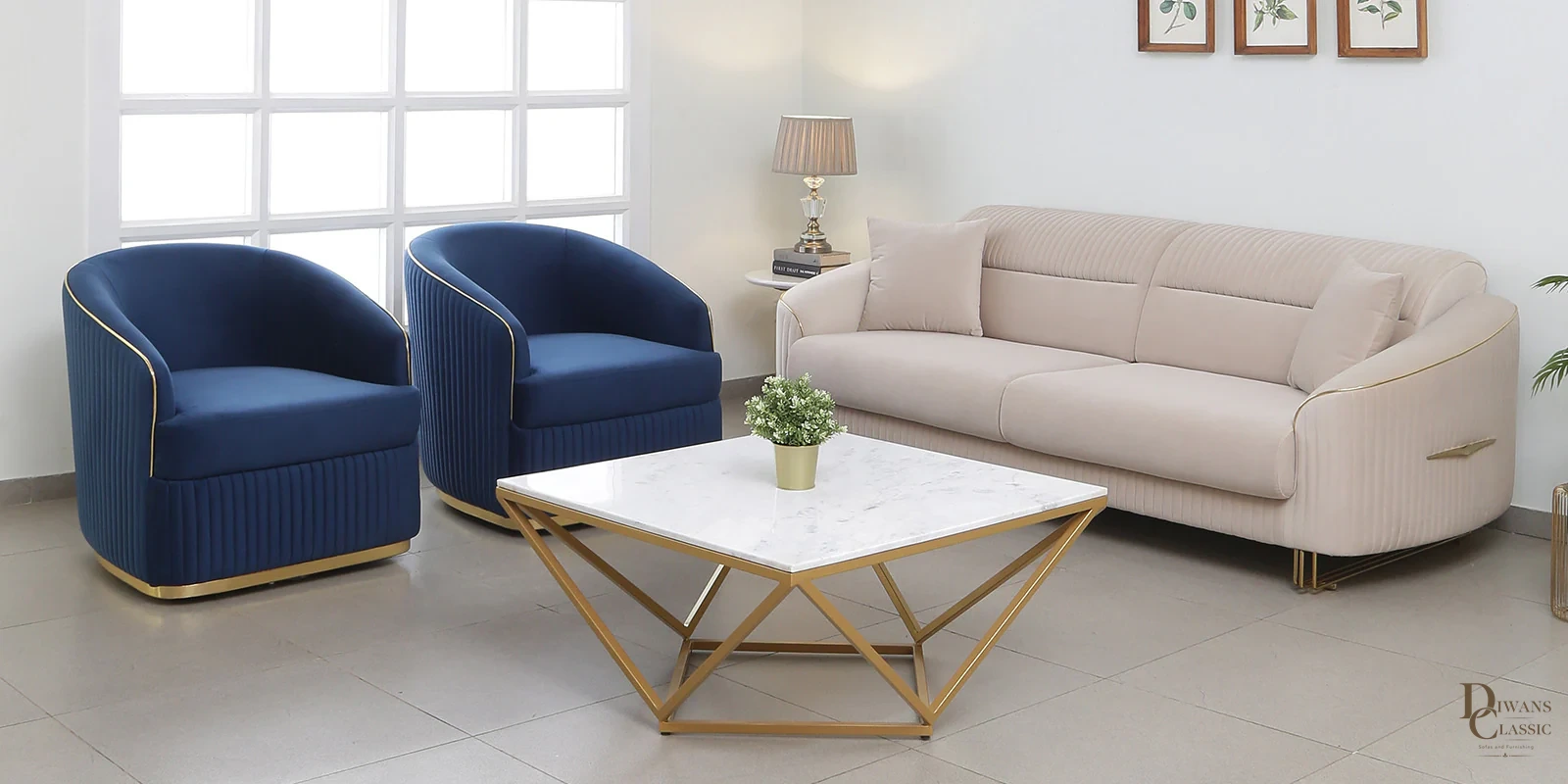 Yaqoot Velvet Sofa Sets In Off White & Blue Colour (3+1+1) — Diwans Classic