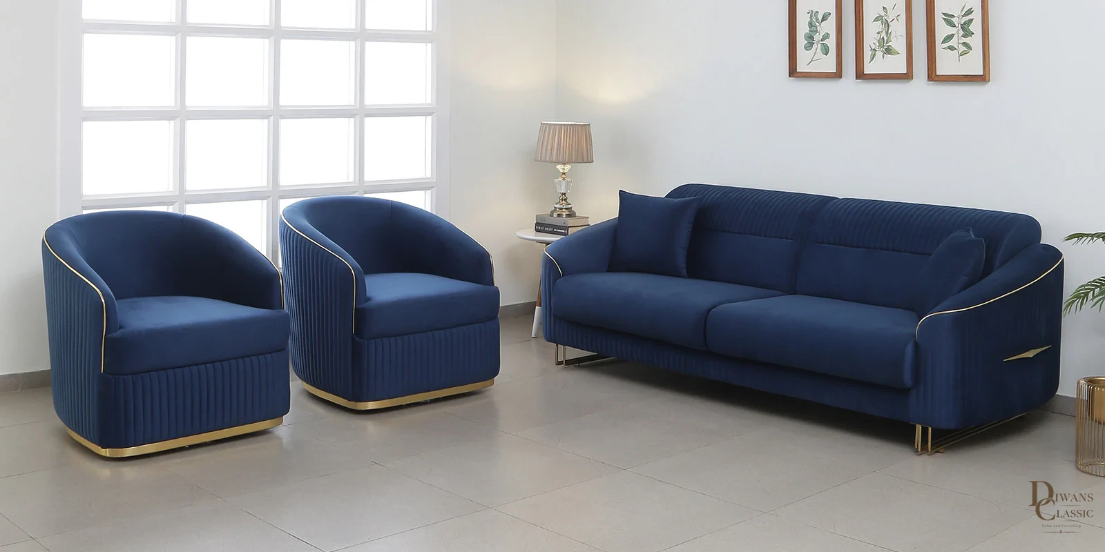 Yaqoot Velvet Sofa Sets In Blue Colour (3+1+1) — Diwans Classic