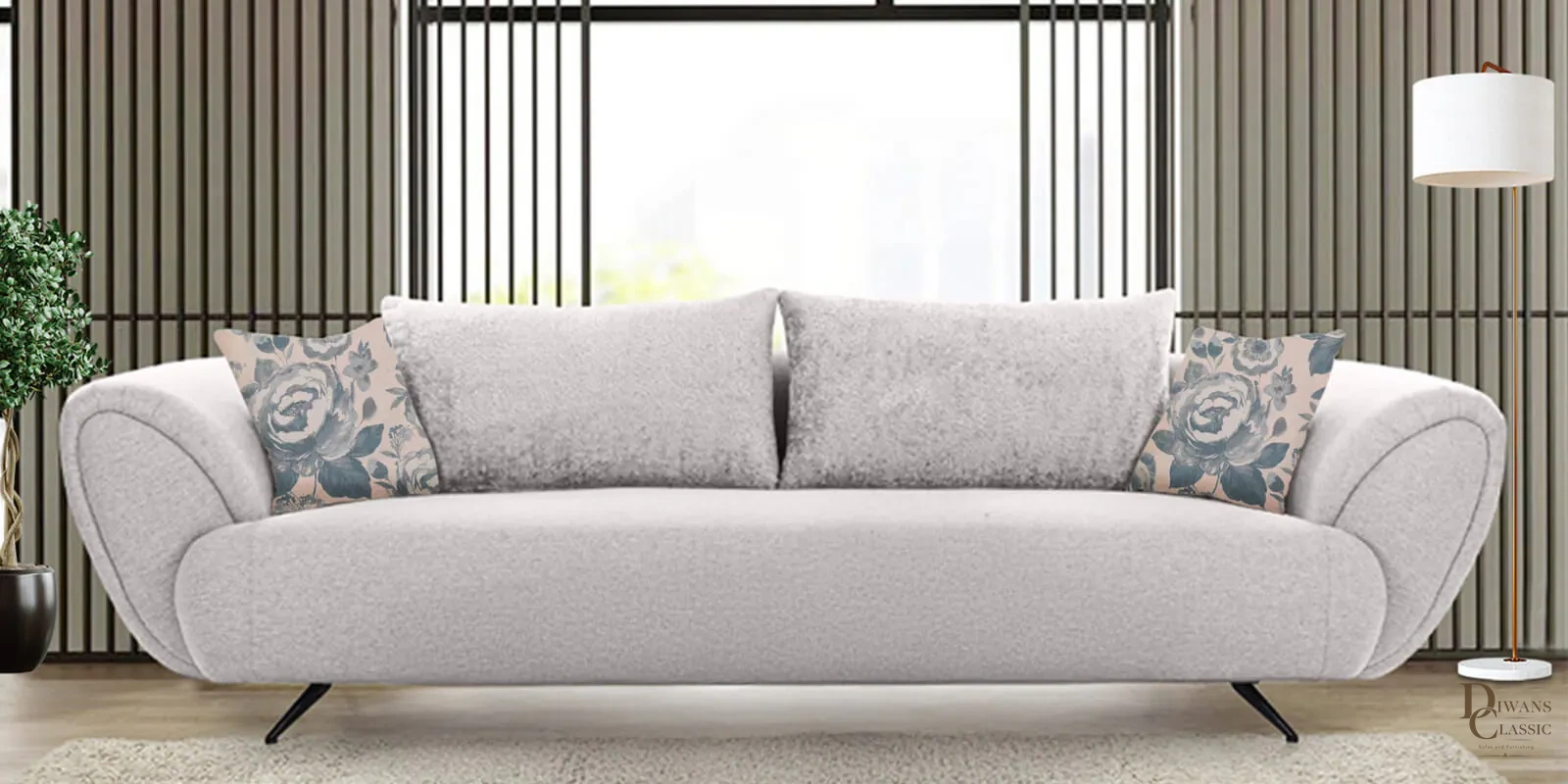 New Jersey Boucle Fabric 4 Seater Sofa in Silver Colour — Diwans Classic