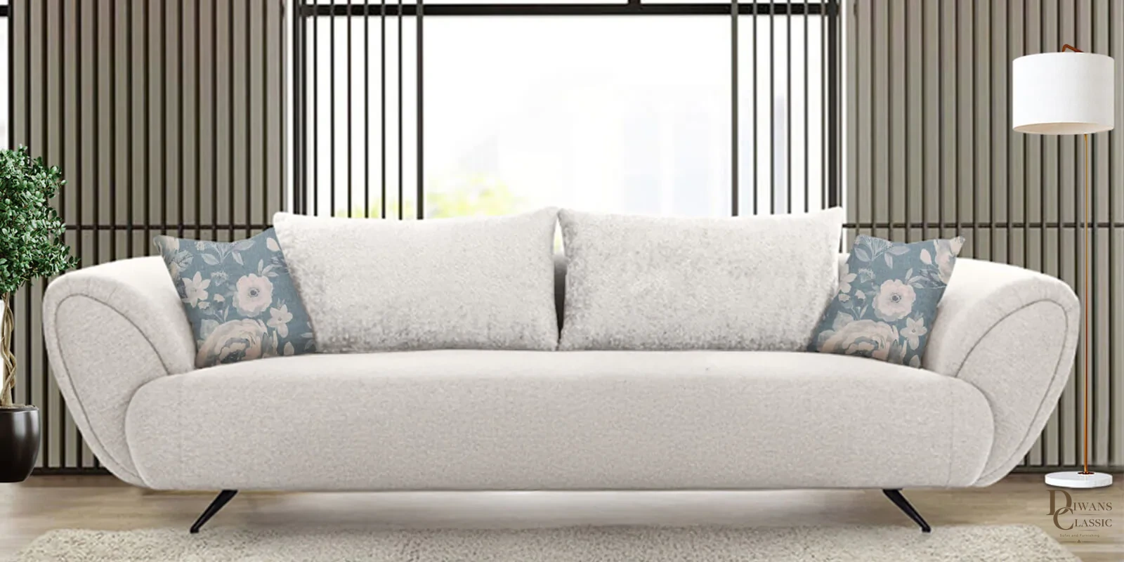 New Jersey Boucle Fabric 4 Seater Sofa in Ivory Colour — Diwans Classic