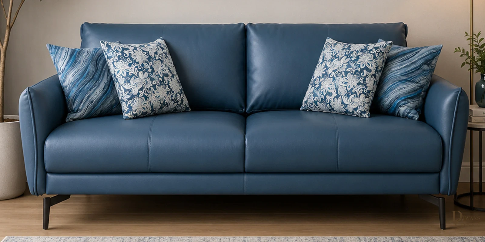 Kahwa Half Leather 3 Seater Sofa in Urban Nappa ocean Blue colour — Diwans Classic