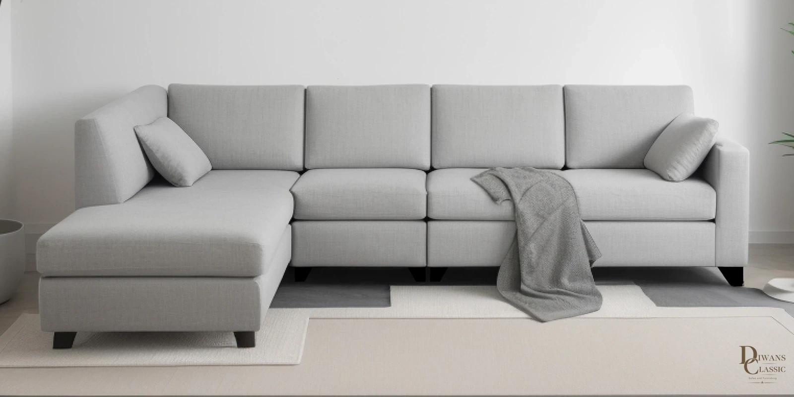 Safa Velvet RHS Sectional Sofa (3+ Lounger) In Grey Colour — Diwans Classic