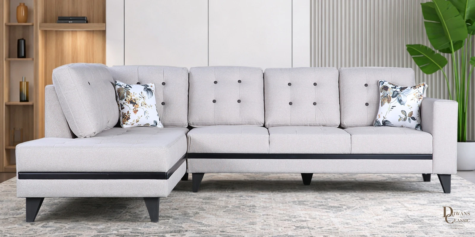 Hajar Sylo Fabric RHS Sectional Sofa ( 3+ Lounger) In Beige Colour — Diwans Classic