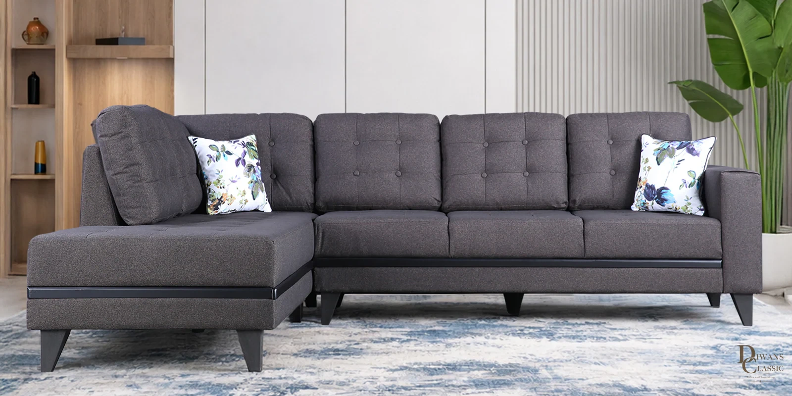 Hajar Sylo Fabric RHS Sectional Sofa ( 3+ Lounger) In Dark Brown Colour — Diwans Classic