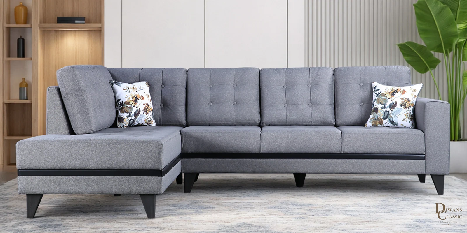 Hajar Sylo Fabric RHS Sectional Sofa ( 3+ Lounger) In Grey Colour — Diwans Classic