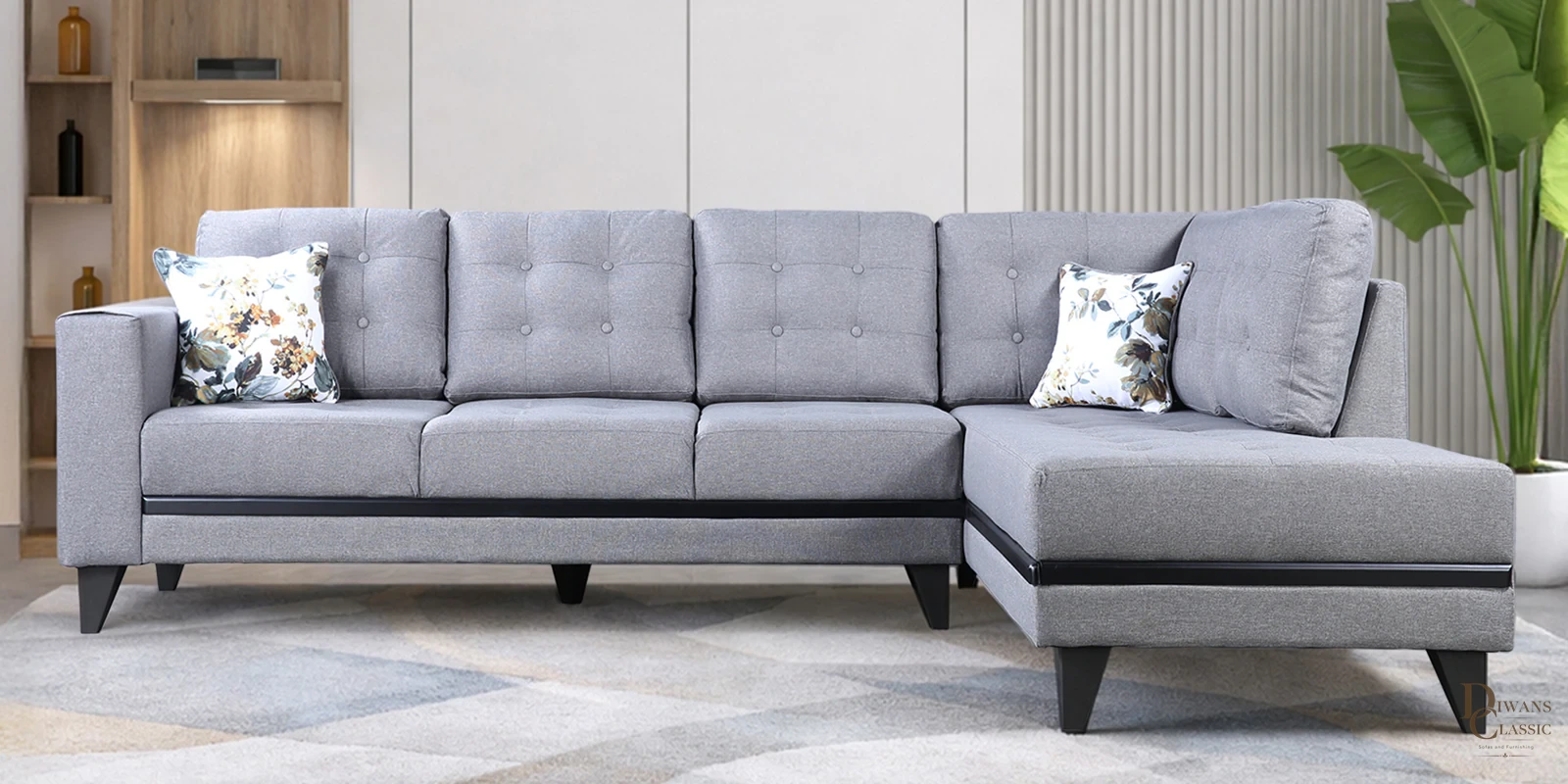 Hajar Sylo Fabric LHS Sectional Sofa ( 3+ Lounger) In Grey Colour — Diwans Classic