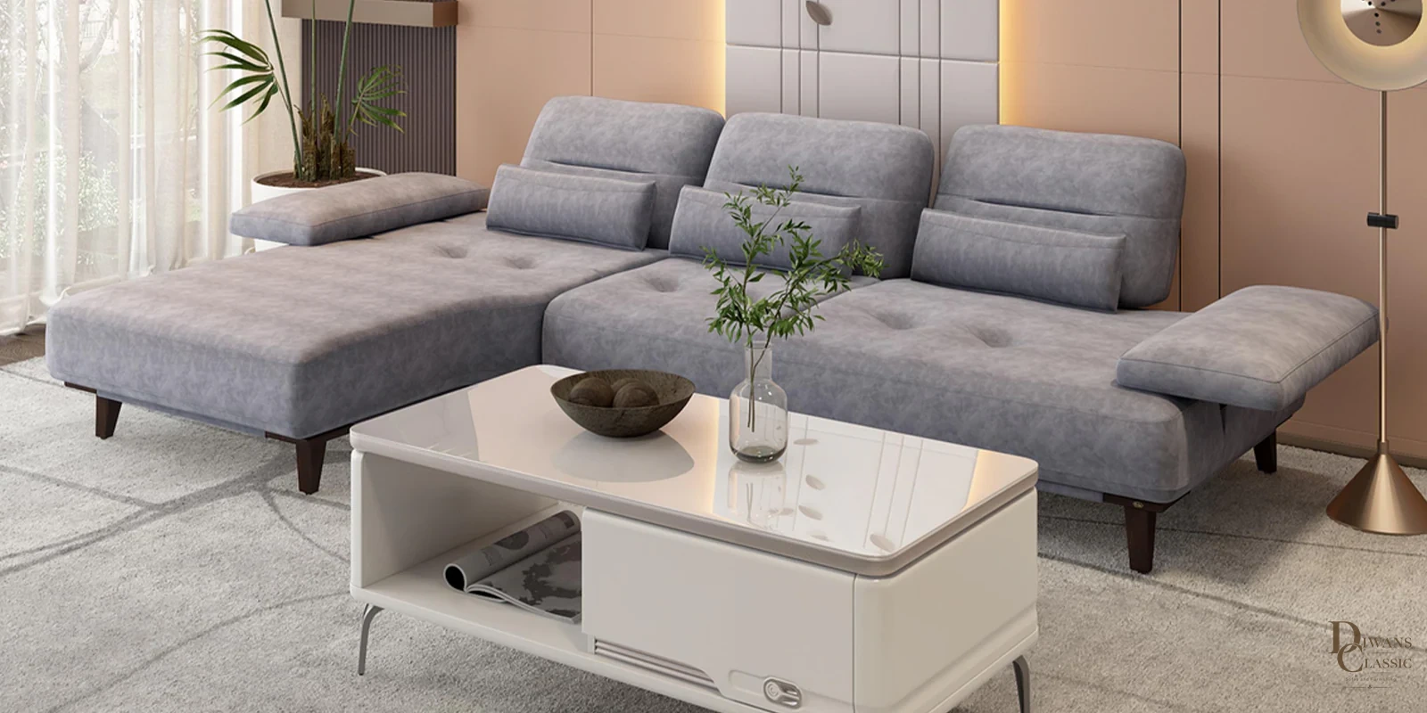 Darb RHS Sectional Sofa In Grey Color — Diwans Classic