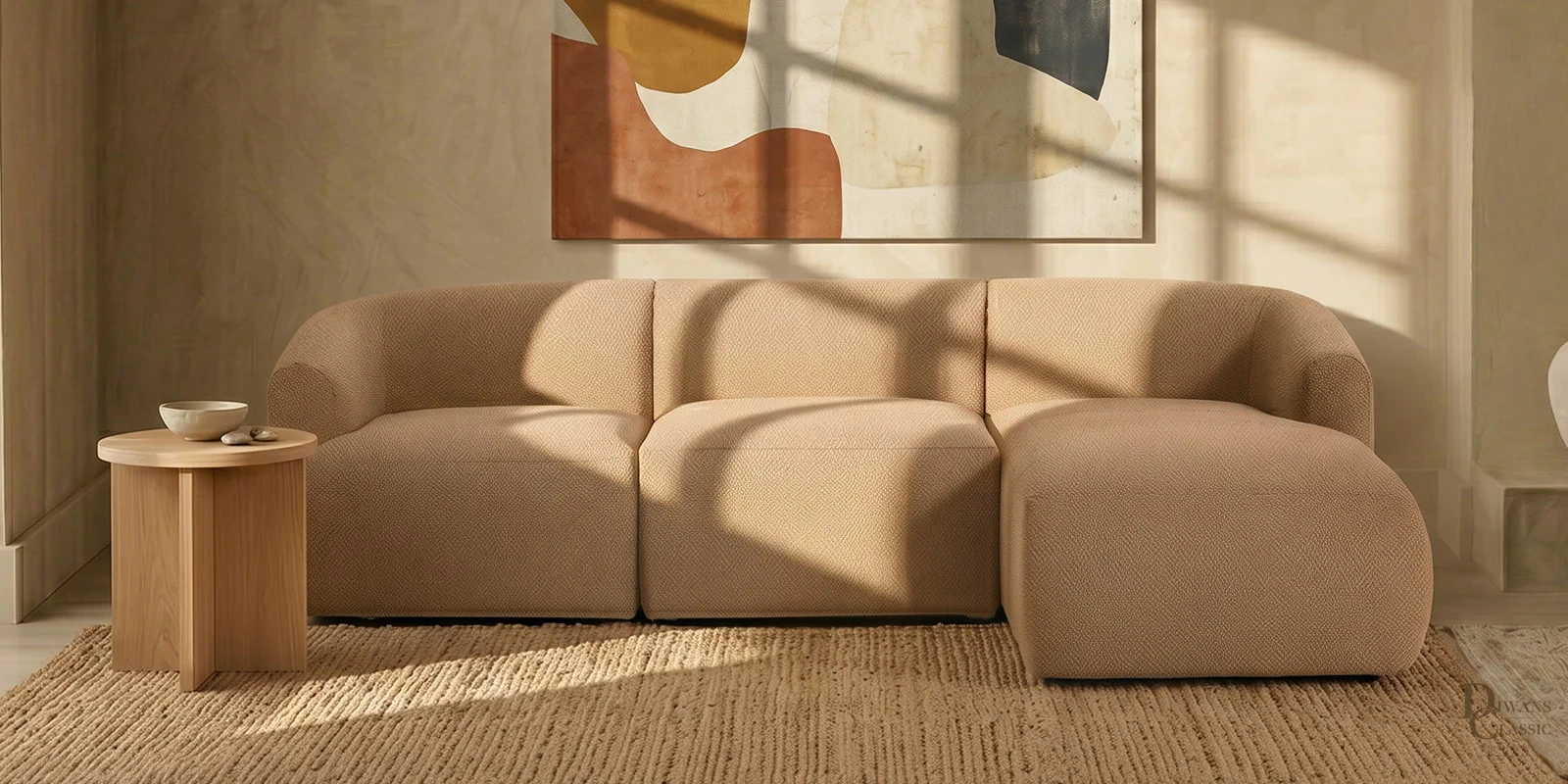 Sukoon Living 3 Seater Boucle LHS Sofa In Beige Color — Diwans Classic