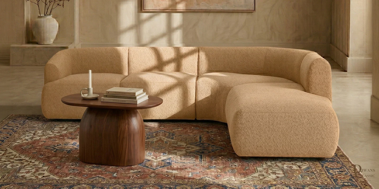 Sukoon Living LHS Sectional Sofa (3 + Lounger) In Honey Beige Color — Diwans Classic