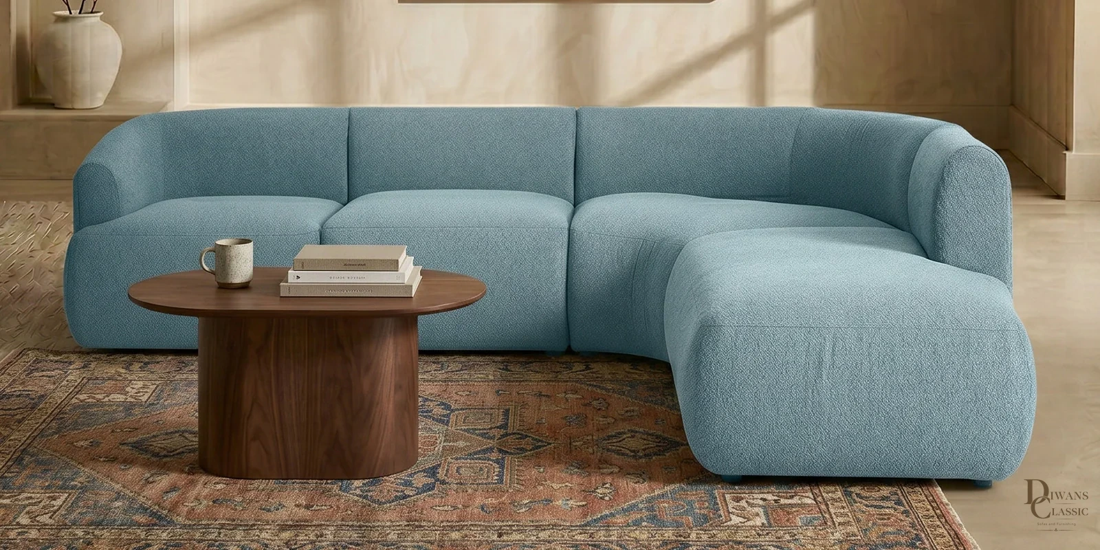 Sukoon Living LHS Sectional Sofa In Blue Color — Diwans Classic