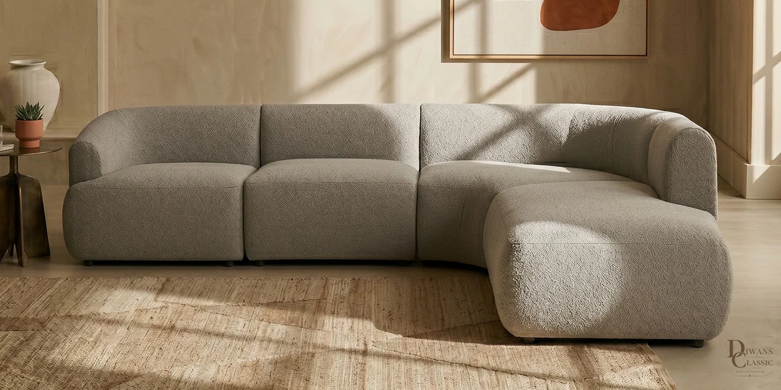 Sukoon Living LHS Sectional Sofa (3 + Lounger) In Chic Grey Color — Diwans Classic