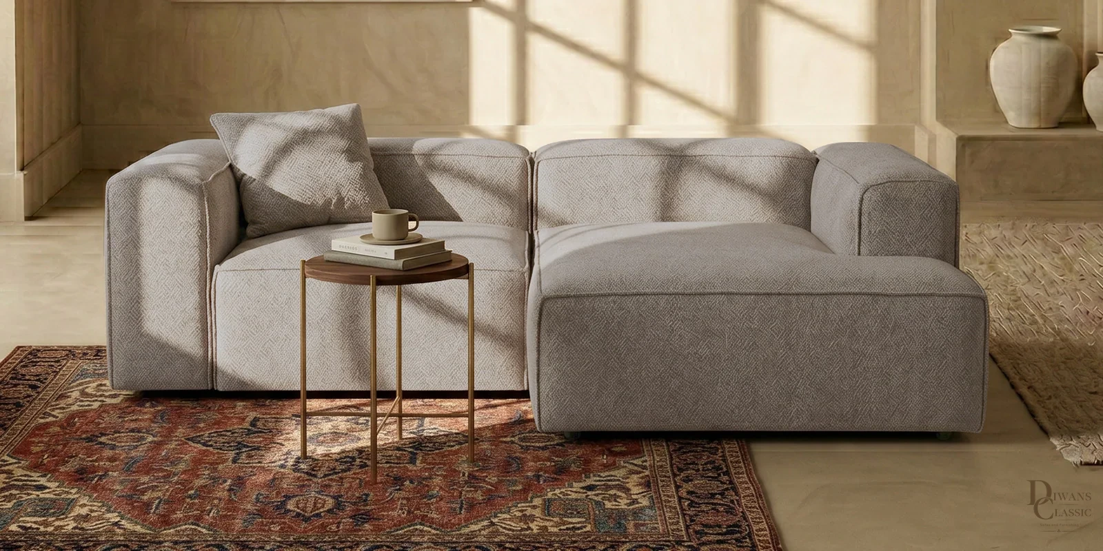 Rahma Edge 2 Seater Boucle LHS L Shaped Sofa In Dark Grey Color — Diwans Classic
