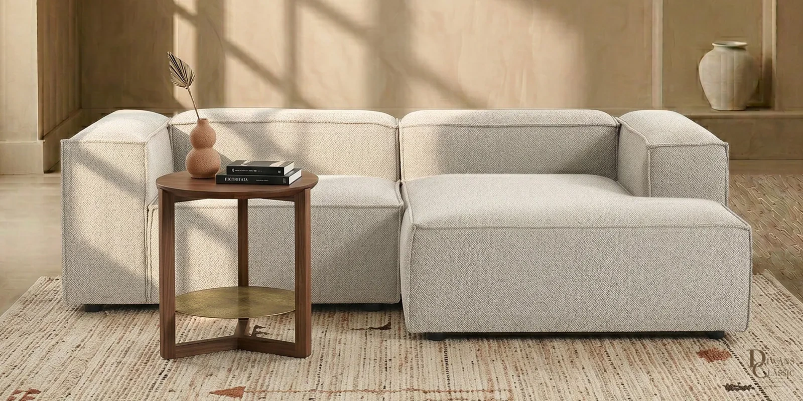 Rahma Edge 2 Seater Boucle LHS L Shaped Sofa In White Color — Diwans Classic