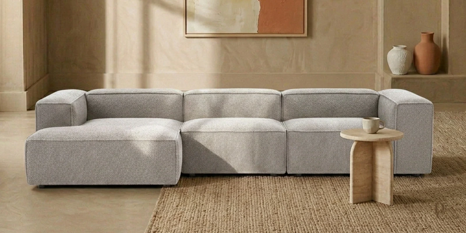 Rahma Edge 3 Seater Boucle RHS L Shaped Sofa In Grey Color — Diwans Classic