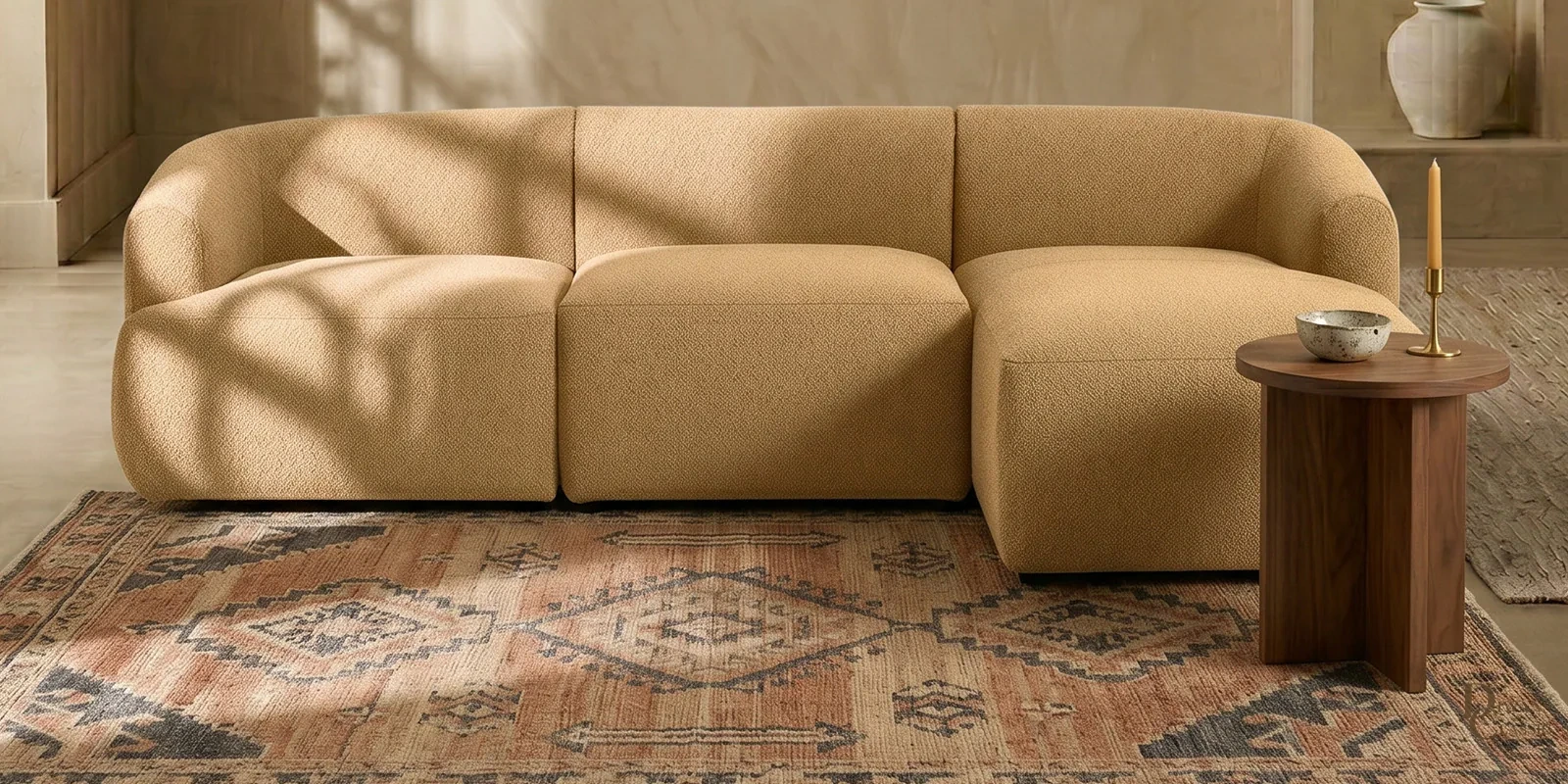 Sukoon Living 3 Seater Boucle LHS L Shaped Sofa In Tan Color — Diwans Classic