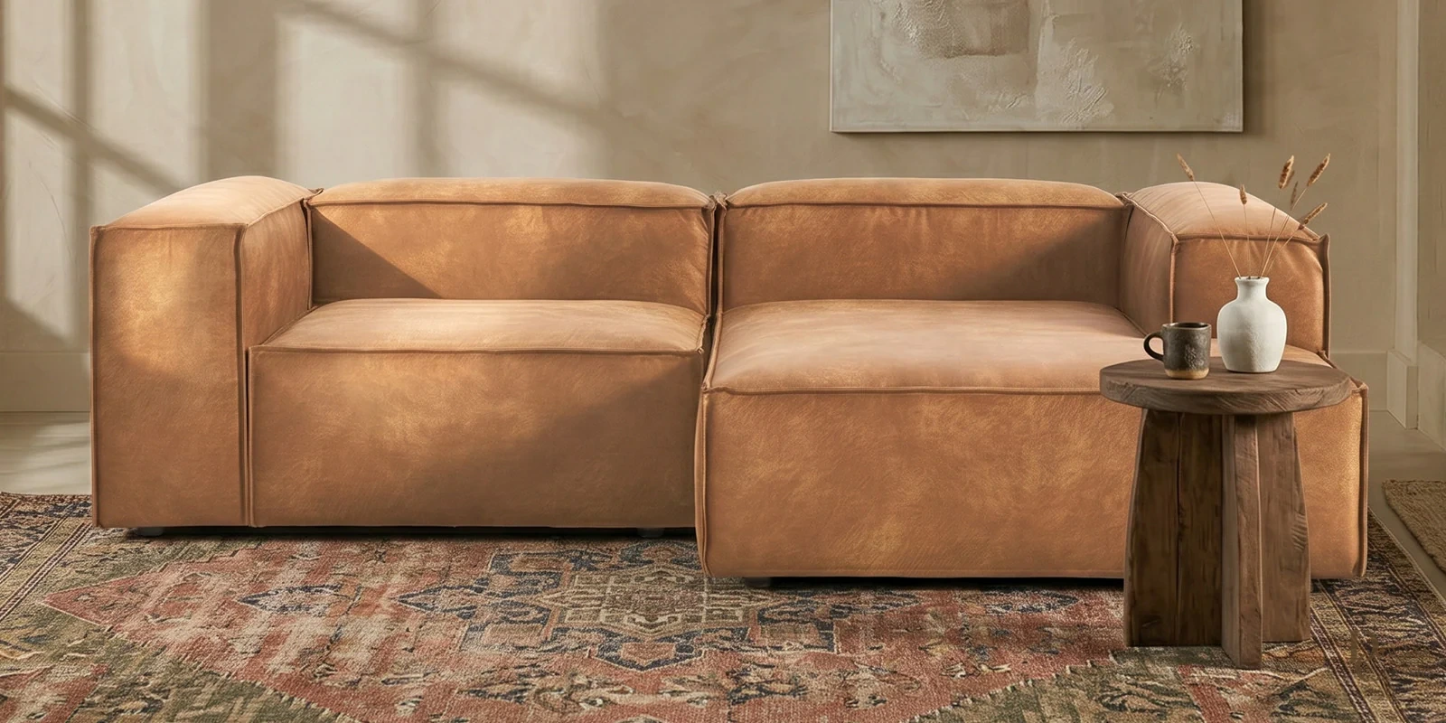 Rahma Edge 2 Seater Faux Leather LHS Sofa In Brown Colour — Diwans Classic