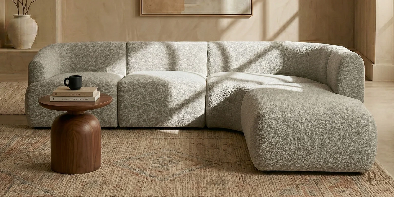Sukoon Living LHS Sectional Sofa (3 + Lounger) In Creme Color — Diwans Classic