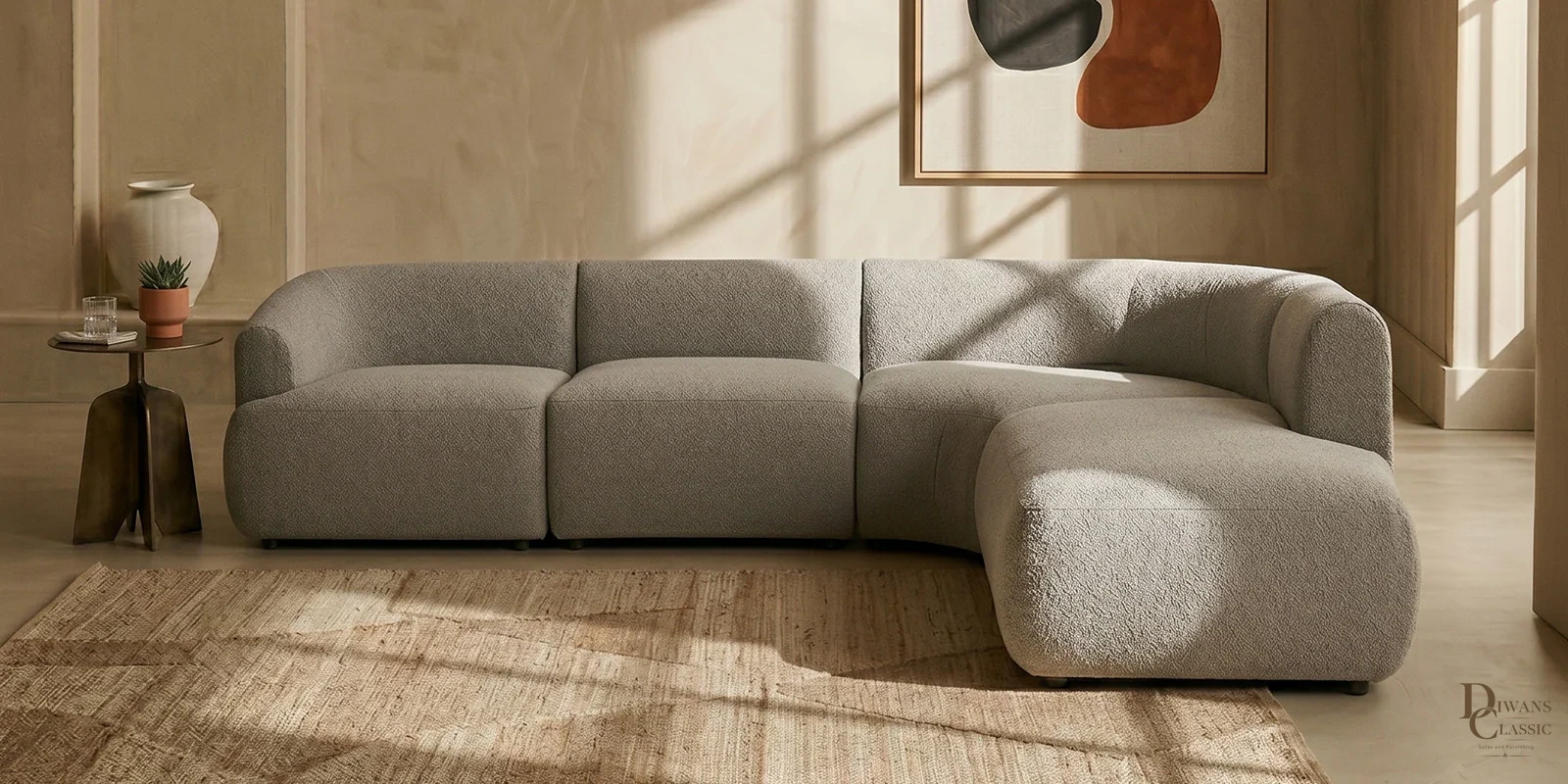 Sukoon Living LHS Sectional Sofa (3 + Lounger) In Grey Color — Diwans Classic