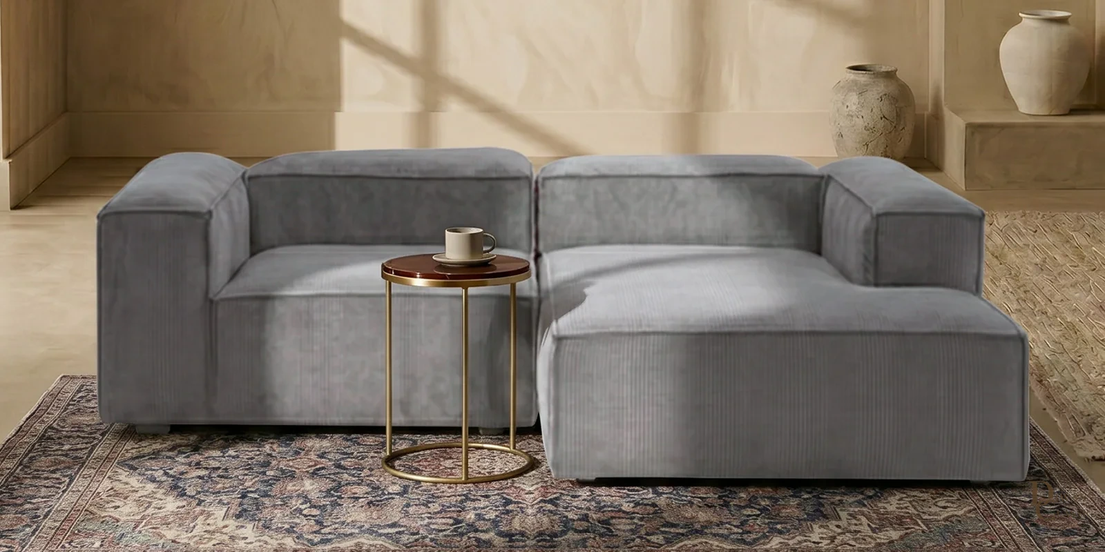 Rahma Edge 2 Seater Versatile Corduroy LHS L Shaped Sofa In Grey Color — Diwans Classic