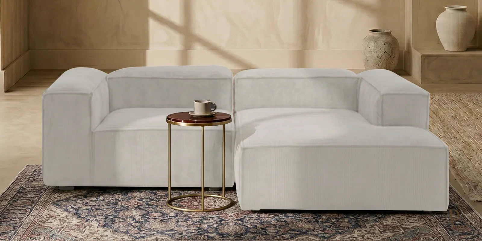 Rahma Edge 2 Seater Versatile Corduroy LHS L Shaped Sofa In Creme Color — Diwans Classic