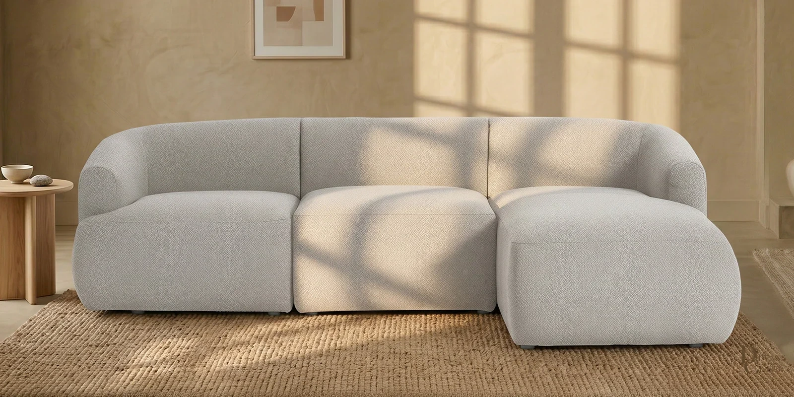 Sukoon Living 3 Seater Boucle LHS Sofa In White Color — Diwans Classic