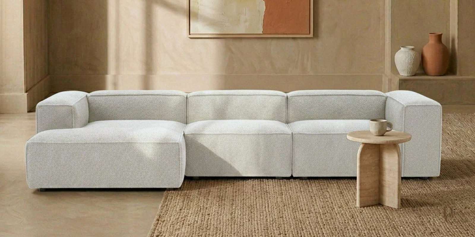 Rahma Edge 3 Seater Boucle RHS L Shaped Sofa In White Color — Diwans Classic