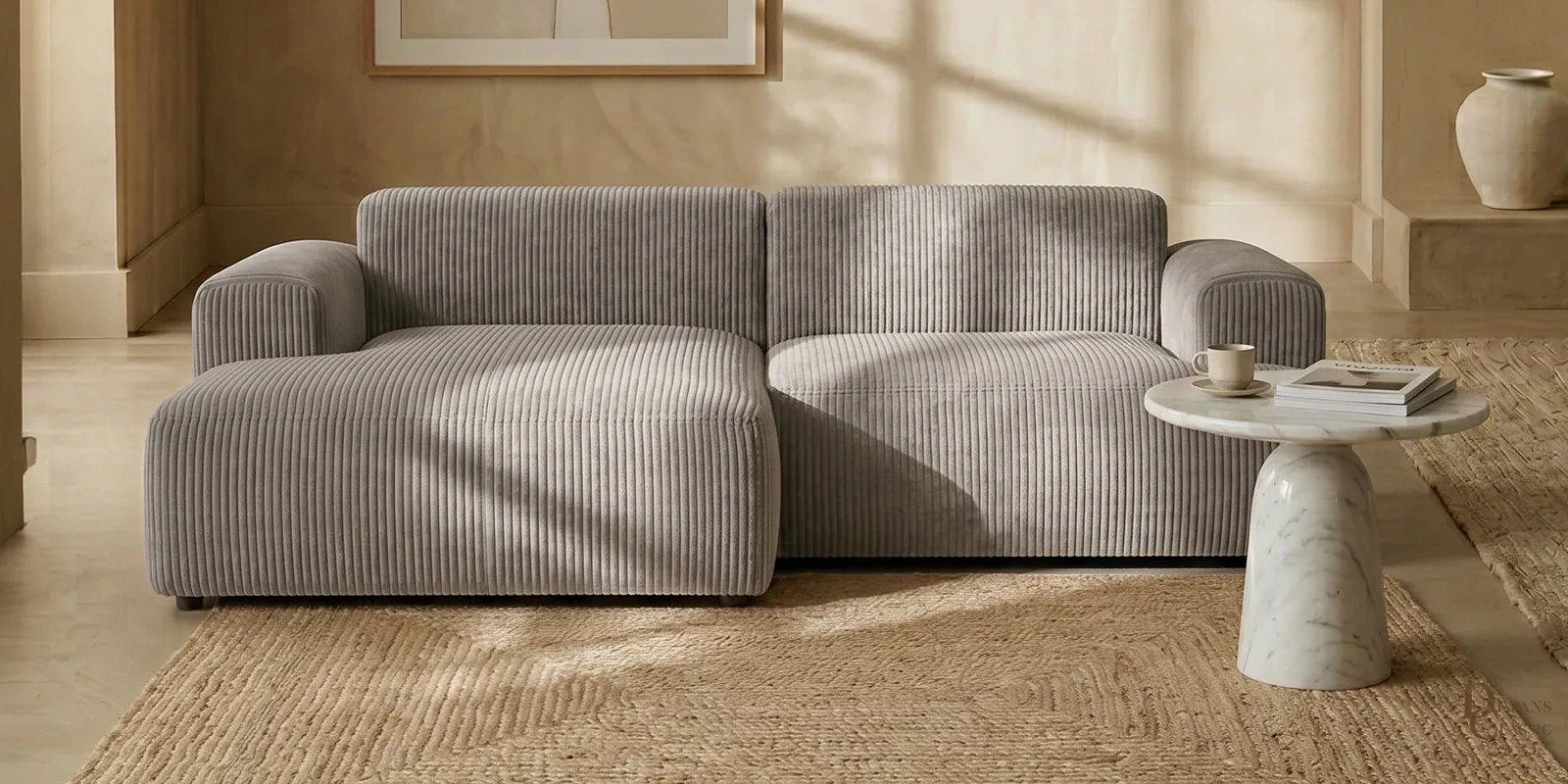 Tharwa Comfort Corduroy 2 Seater RHS Sofa In Grey Colour — Diwans Classic