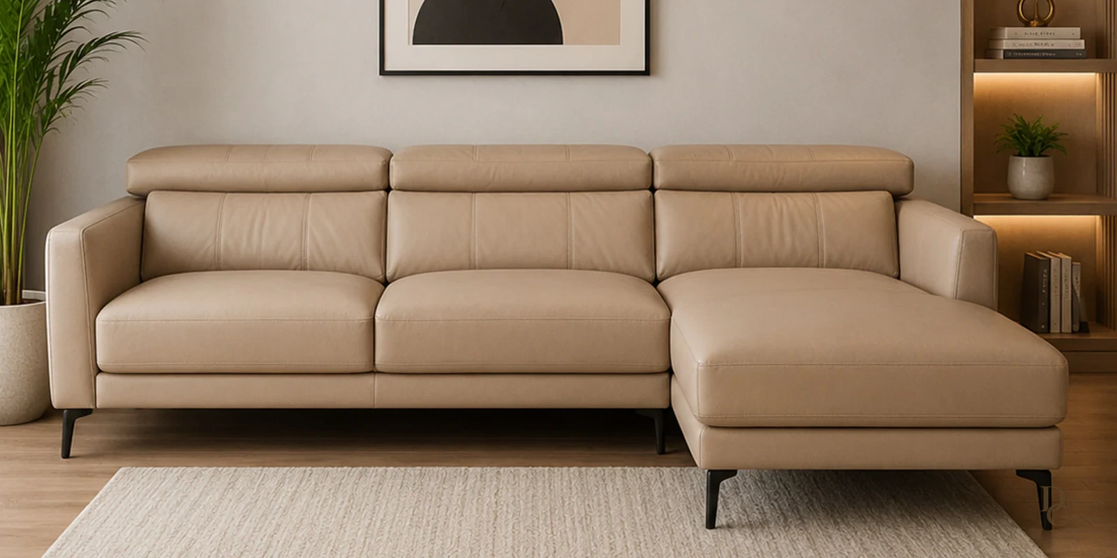 Birkan Half Leather LHS Sectional Sofa (3+ Lounger) in Exotica Oyster Beige colour — Diwans Classic
