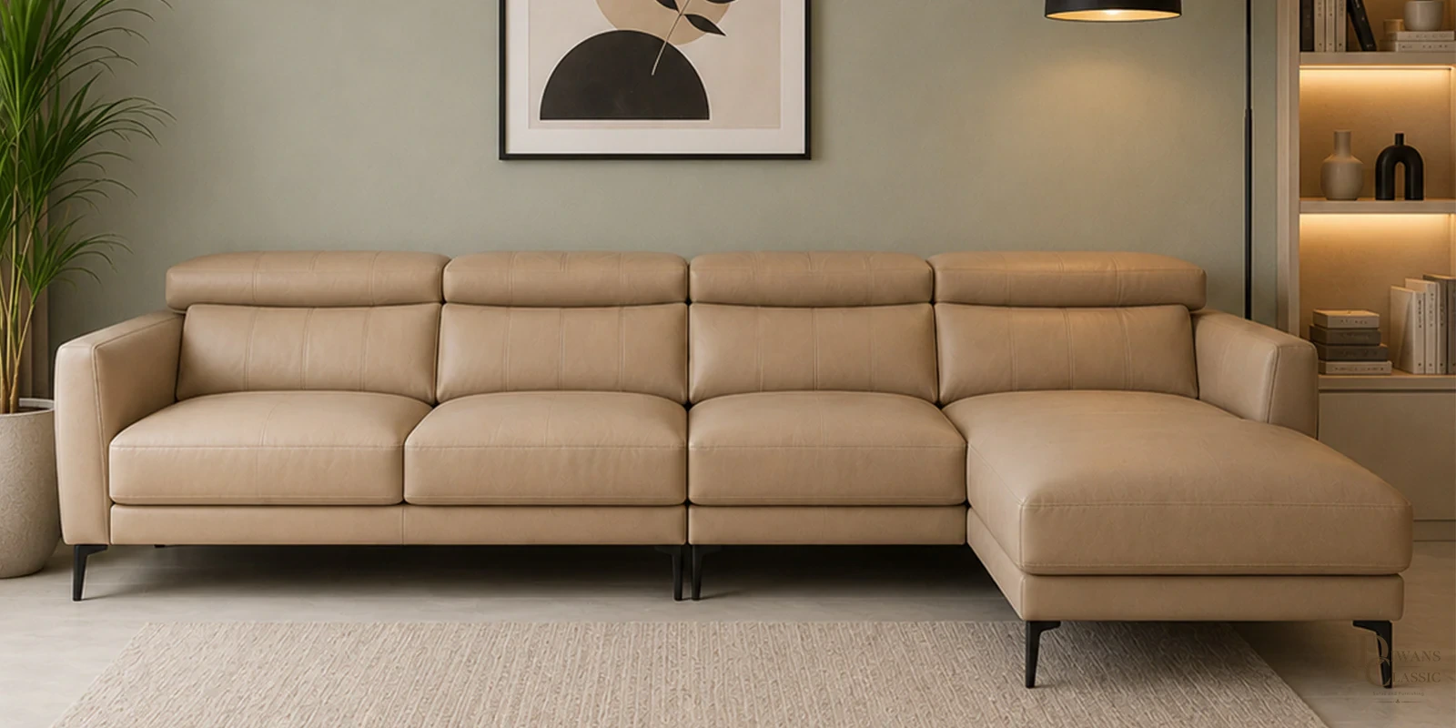Birkan Half Leather LHS Sectional Sofa (4+ Lounger) in Exotica Oyster Beige colour — Diwans Classic