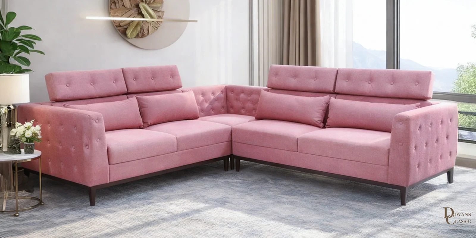 Nakheel Chenille Fabric Corner Sofa With Adjustable Headrests in Blush Pink Colour — Diwans Classic