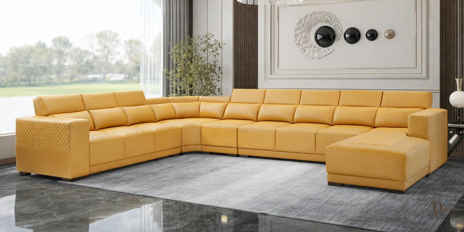 Amber Leatherette Corner Sofa With Adjustable Headrests in Mustard Yellow Colour — Diwans Classic